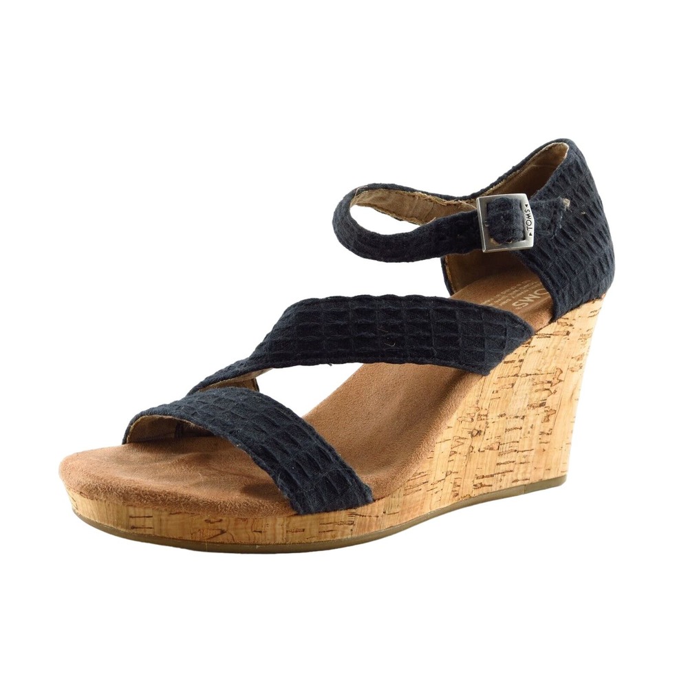 Toms Size 7 M Black Ankle Strap Fabric Women Sandal Shoes